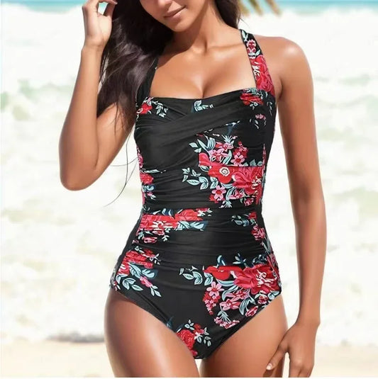 Women's Swimsuit Monokini – Halterneck – Ruched Front – Floral Pattern – Tight Fit