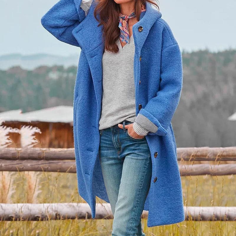 Women's Coat - Oversized Fit - Knee-Length with Buttons and Wide Collar