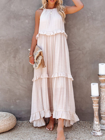 Dress for Women – Maxi Length – Halterneck – Ruffled Details – Natural Fibers
