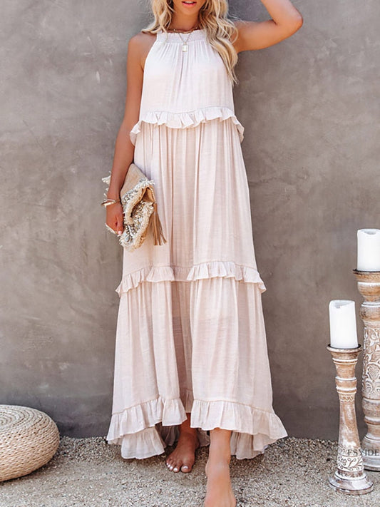 Dress for Women – Maxi Length – Halterneck – Ruffled Details – Natural Fibers