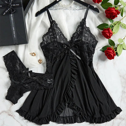 Women's Nightgown Set – Slim Fit – Lace V-Neck – Semi-Transparent – Ruffle Hem