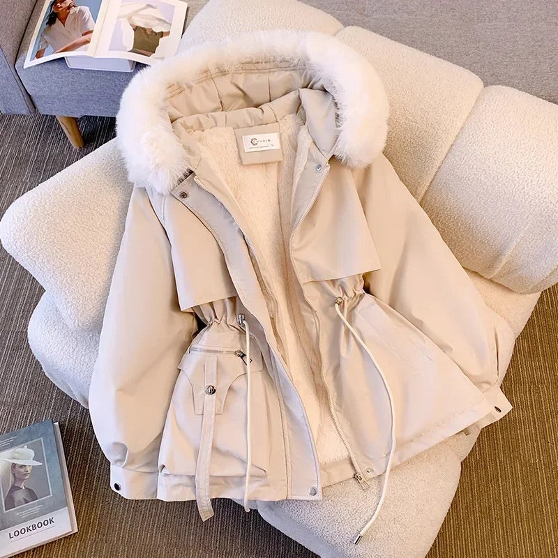 Women’s Coat - Woven Blend - Mid-Length - Adjustable Waist - Faux Fur Trim Hood