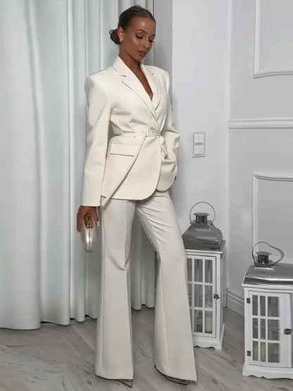 Women's Pantsuit – Blazer with Belt – Wide Pants – Luxurious Fabric