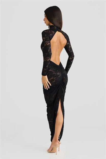 Women's Slip Dress – Tight Lace – High Neck – Long Sleeves – Thigh Slit Detail