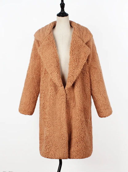 Women's Teddy Coat - Soft Faux Fur - Oversized Fit - Knee Length with Collar