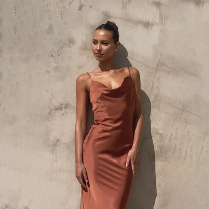 Dress woman – Satin maxi dress – Slim fit – Sleeveless with draped neckline – Formal party