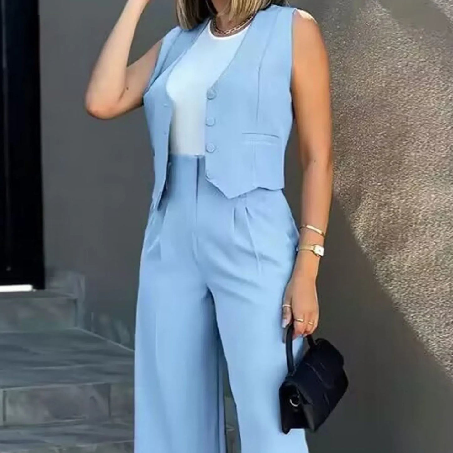 Women's Pantsuit – Tailored Sleeveless Vest – High Waist – Wide Legs – Luxurious Fabric