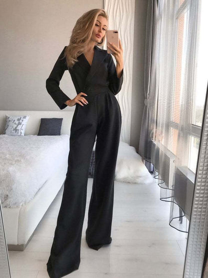 Women's Jumpsuit – Slim Fit – Wrap Bodice – Long Sleeves – Wide Legs – Luxurious Fabric