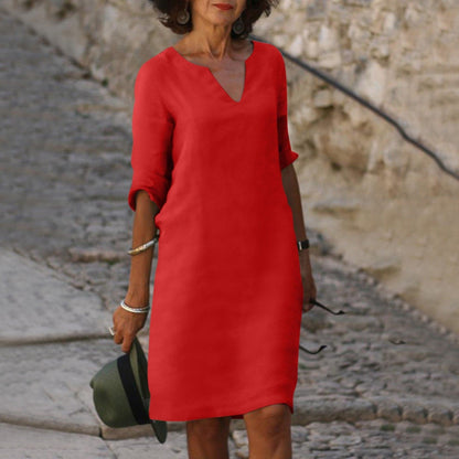 Women's Dress - Comfortable Fit - V-neck - 3/4 Sleeves - Versatile and Elegant