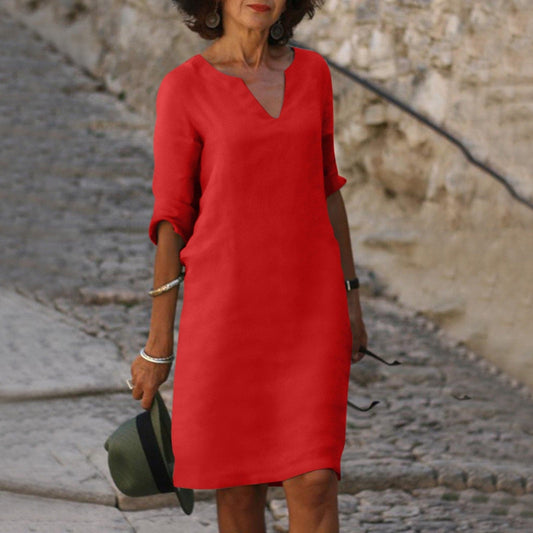 Women's Dress - Comfortable Fit - V-neck - 3/4 Sleeves - Versatile and Elegant