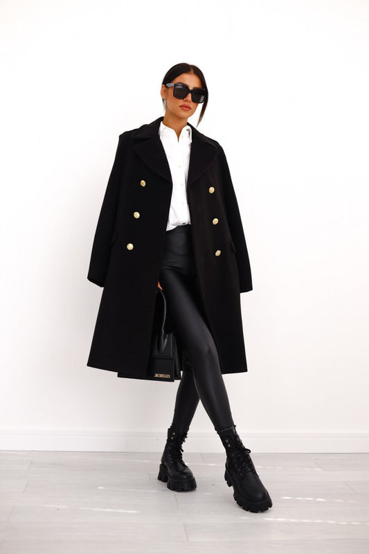 Women's Coat - Double-Breasted Wool Blend - Tailored Fit - Knee-Length with Side Pockets