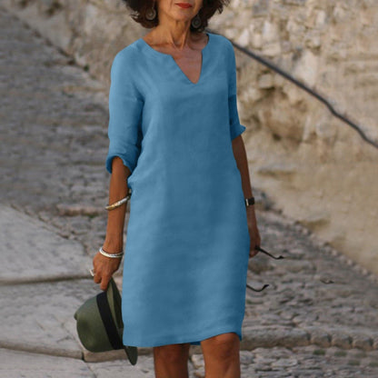 Women's Dress - Comfortable Fit - V-neck - 3/4 Sleeves - Versatile and Elegant