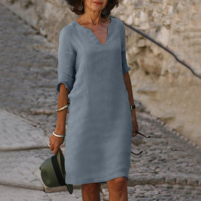 Women's Dress - Comfortable Fit - V-neck - 3/4 Sleeves - Versatile and Elegant