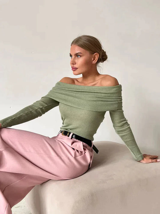 Women's Sweater – Off-Shoulder – Ribbed Knit – Slim Fit – Long Sleeves
