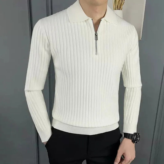 Men's Sweater – Wool – Half Zipper – Ribbed Knit – Polo Collar – Regular Fit