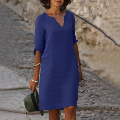 Women's Dress - Comfortable Fit - V-neck - 3/4 Sleeves - Versatile and Elegant