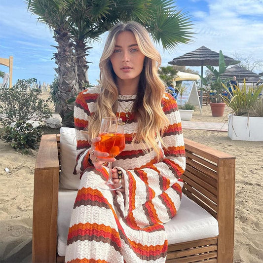 Women's Knitted Dress - Long-Sleeved Maxi - Comfortable and Elegant