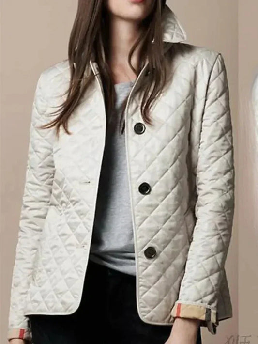 Women's Jacket - Quilted Diamond Pattern - Button Closure - High Collar - Elegant Fit