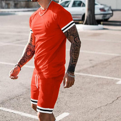 Men's Two-Piece Set - Short-Sleeved Round Neck T-Shirt - Elastic Drawstring Shorts