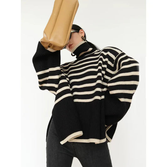 Women's Sweater with High Neck – Oversized Fit – Striped Ribbed Pullover
