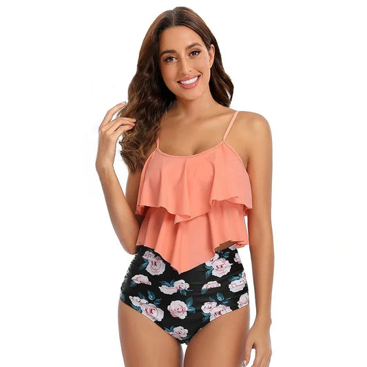 Swimsuit Women – Ruffled Top – Ruched High Waist – Modest Fit – Thin Straps