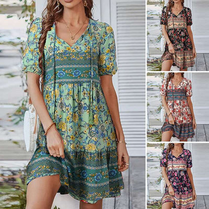 Women's Bohemian Dress - Short Sleeve - Loose Fit - V-neck - Floral & Paisley Pattern