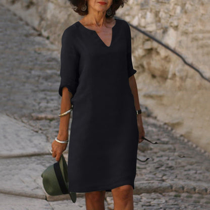Women's Dress - Comfortable Fit - V-neck - 3/4 Sleeves - Versatile and Elegant