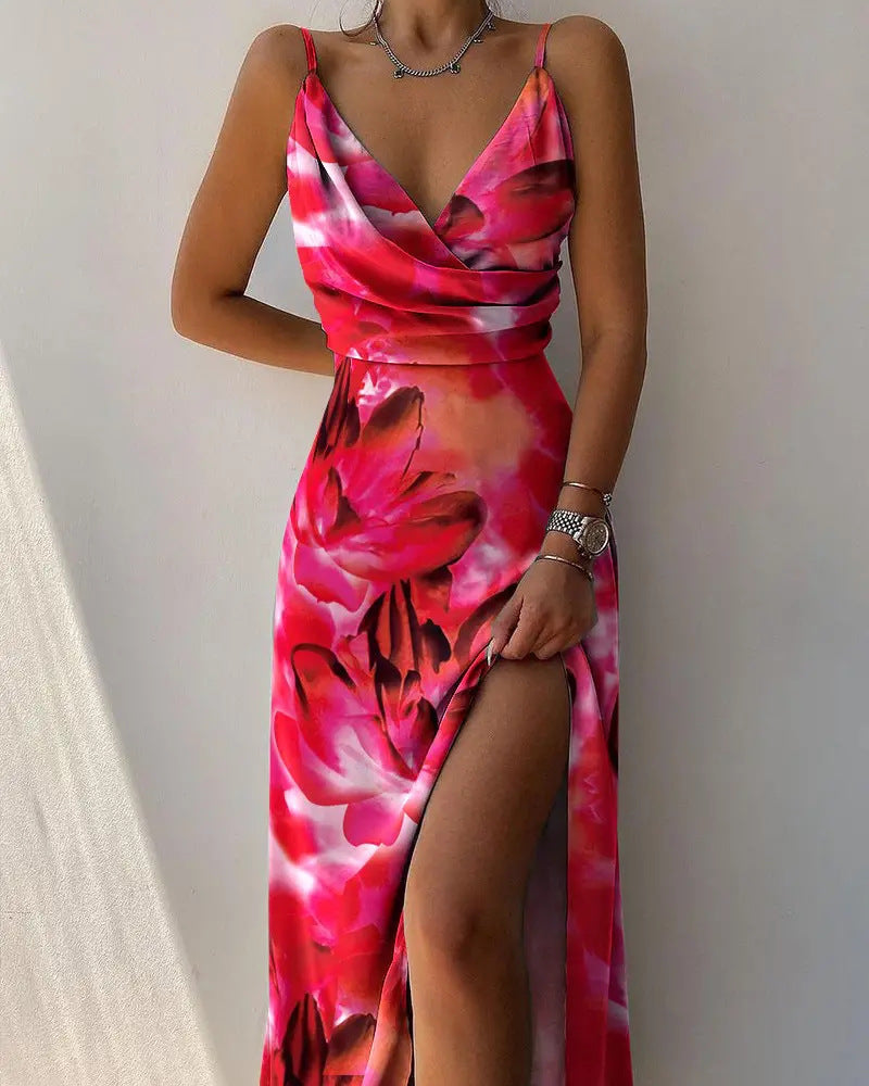 Women's Maxi Dress – Sleeveless with Spaghetti Straps – Deep V-neck – High Slit – Elegant Fit