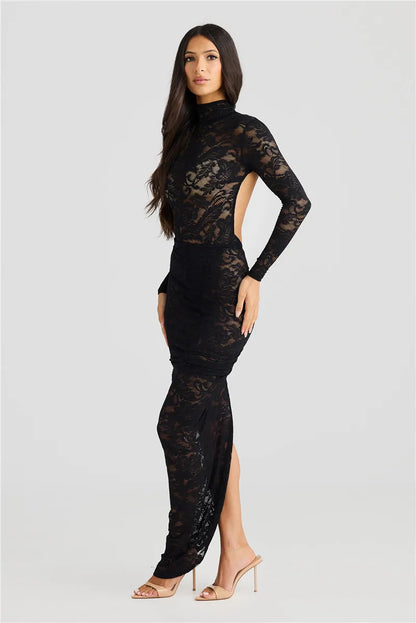 Women's Slip Dress – Tight Lace – High Neck – Long Sleeves – Thigh Slit Detail