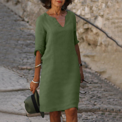 Women's Dress - Comfortable Fit - V-neck - 3/4 Sleeves - Versatile and Elegant