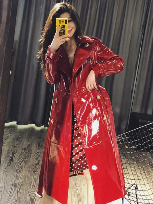 Women's Trench Coat – Glossy Imitation Leather – Long Fit – Double-Breasted with Belt