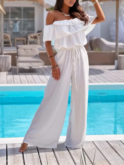 Women's jumpsuit – Off shoulder – Ruffle edge – Wide legs – Light breathable fabric