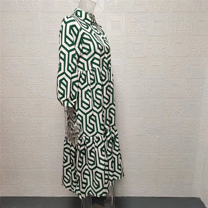 Women's Dress with Long Sleeves – Relaxed Fit – Tiered Cut – Geometric Pattern – Breathable Fabric