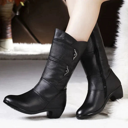 Women's Mid-Calf Boots – Leather-Like Finish – Zipper – Low Heel – Elegant Fit