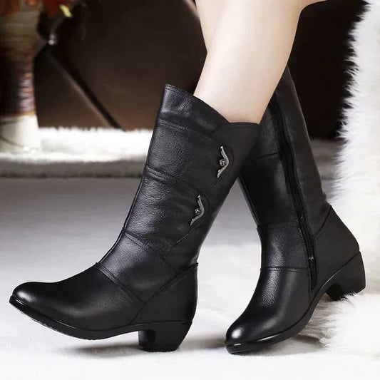 Women's Mid-Calf Boots – Leather-Like Finish – Zipper – Low Heel – Elegant Fit