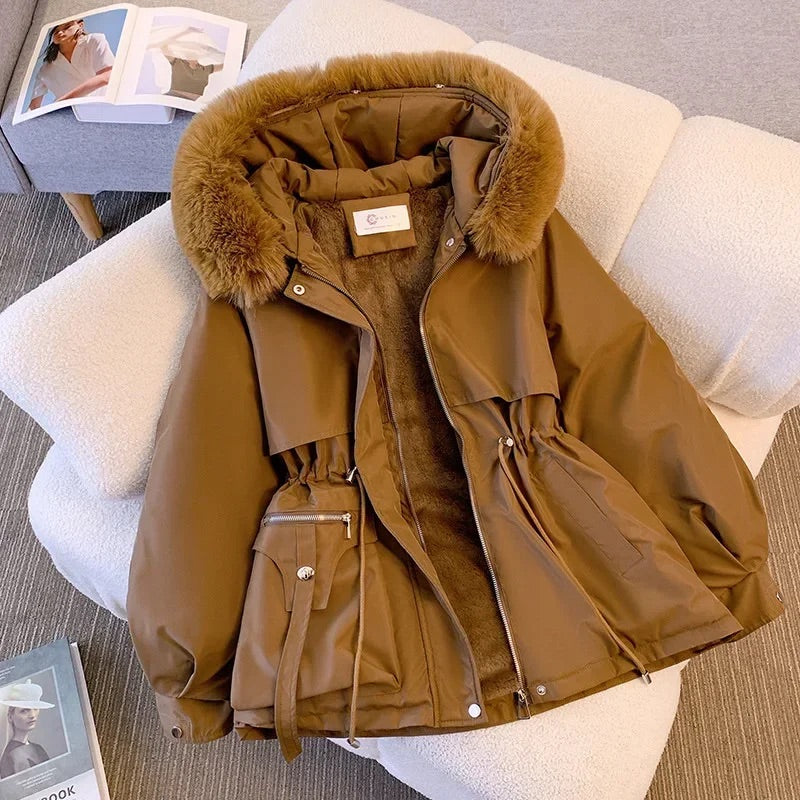 Women’s Coat - Woven Blend - Mid-Length - Adjustable Waist - Faux Fur Trim Hood