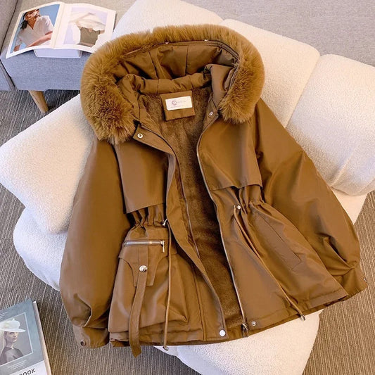 Women’s Coat - Woven Blend - Mid-Length - Adjustable Waist - Faux Fur Trim Hood