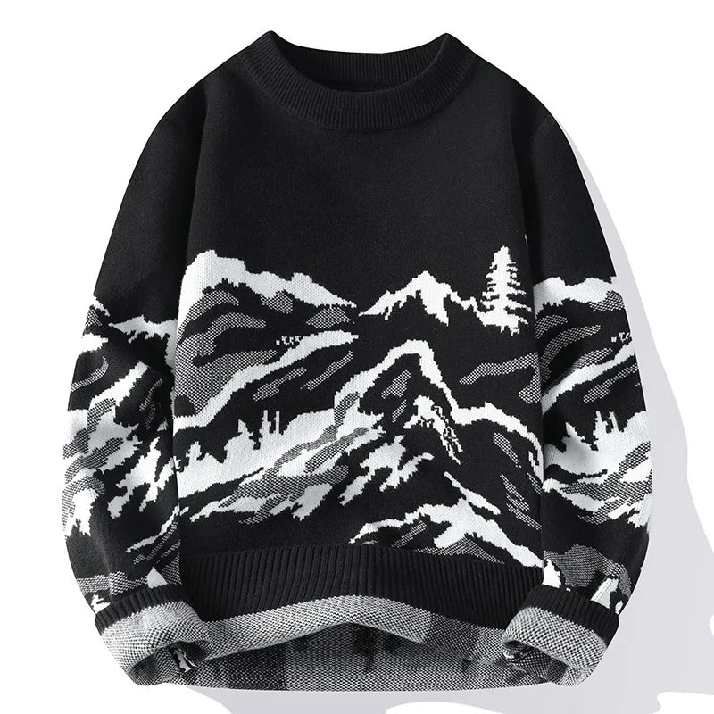 Isaac Relaxed Fit Sweater | Mountain Print Crewneck Sweater