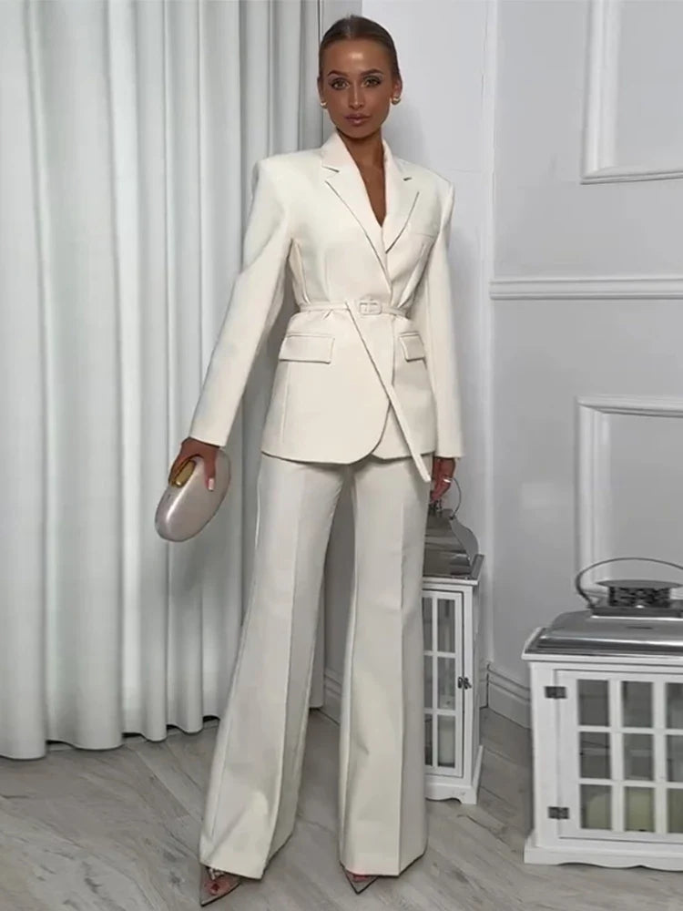 Women's Pantsuit – Blazer with Belt – Wide Pants – Luxurious Fabric