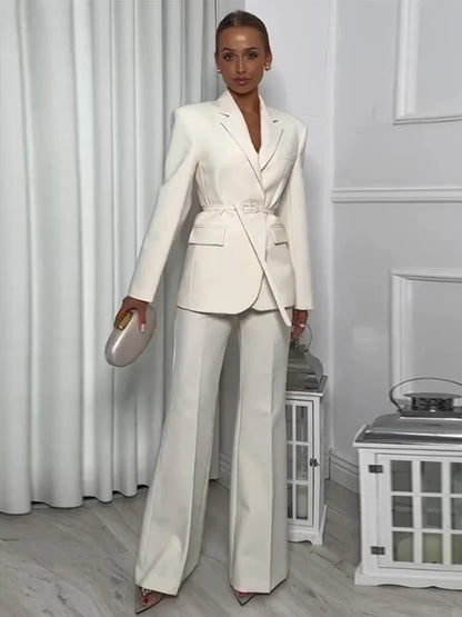 Women's Pantsuit – Blazer with Belt – Wide Pants – Luxurious Fabric