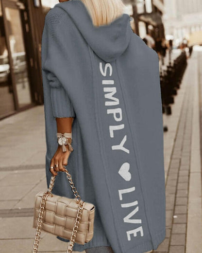 Women's Long Coat – Hood – Loose Fit – Knitted Wool – Graphic Back Detail