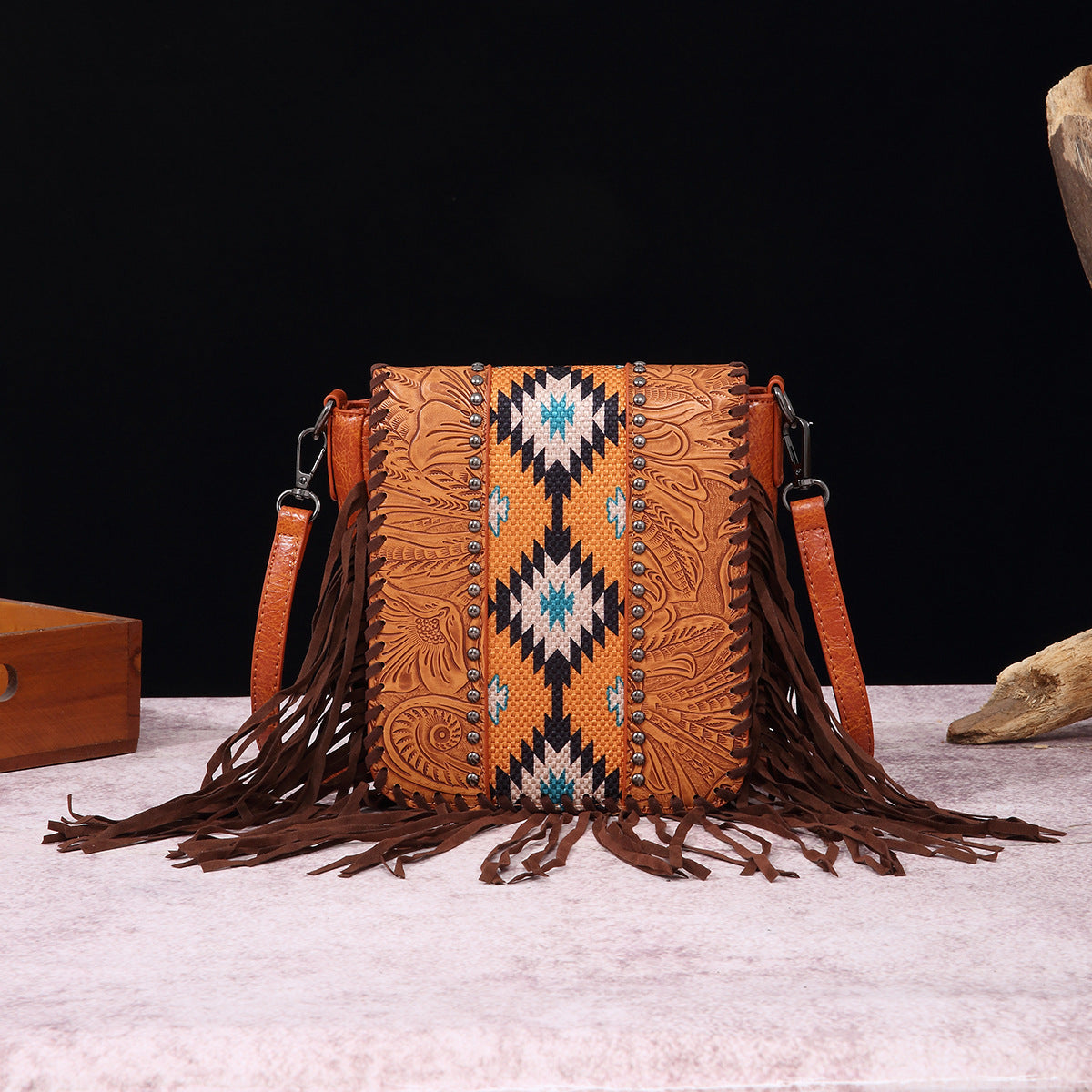Aurora Leather Tooled Crossbody Bag | Fringe Beaded Crossbody Bag