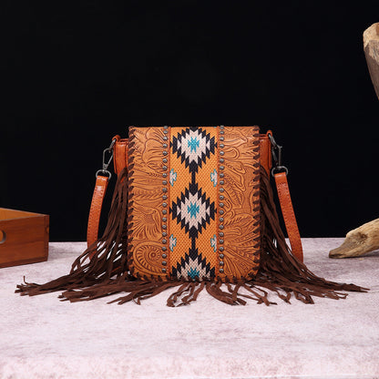 Aurora Leather Tooled Crossbody Bag | Fringe Beaded Crossbody Bag