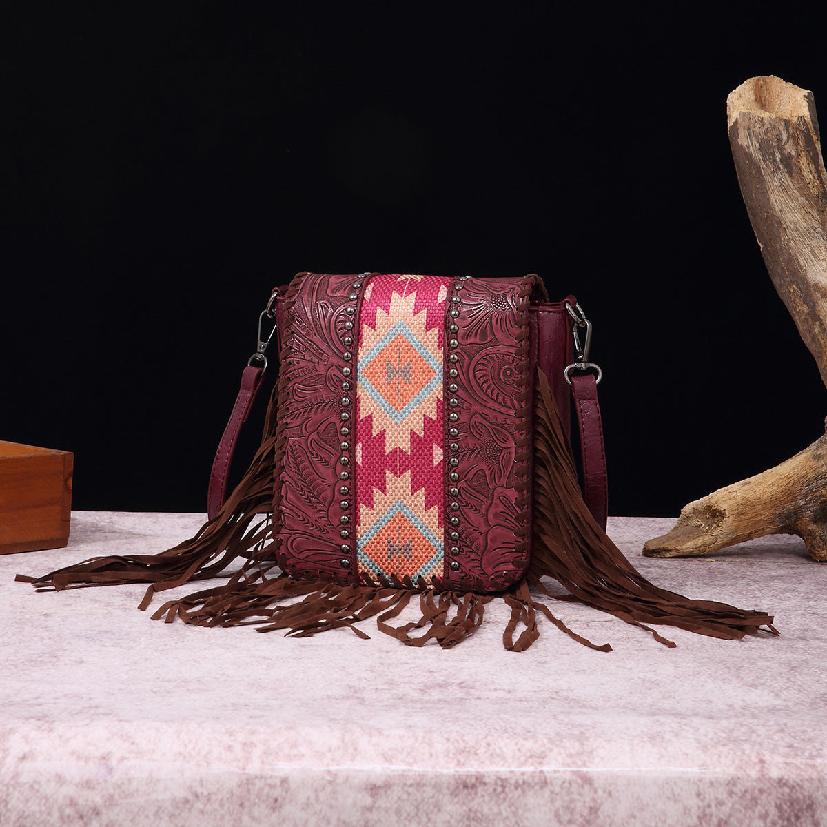 Aurora Leather Tooled Crossbody Bag | Fringe Beaded Crossbody Bag