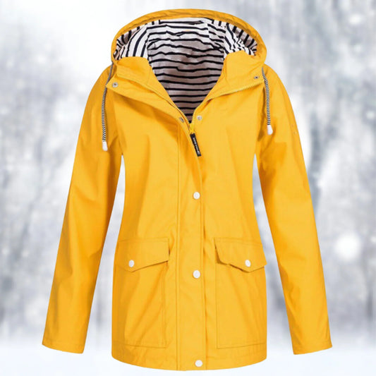 Women's Parka Jacket - Waterproof - Drawstring Hood - Zipper and Buttons - Flap Pocket