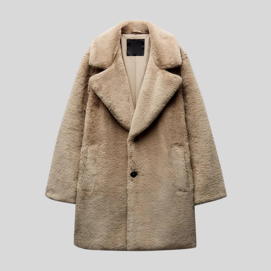 Women's Coat – Oversized Fit – Soft Teddy – Full Length – Wide Jacket Collar