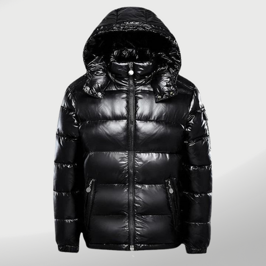 Men's Down Jacket – Water-Repellent Gloss Finish – Insulated with Hood – Zipper Pockets