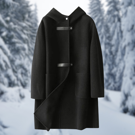 Women's Coat - Wool Blend - With Hood and Buttons - Mid-Length - Pockets