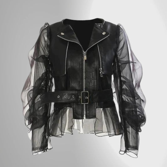 Women's Leather Jacket – Tailored Fit – Puff Sleeves in Transparent Fabric – Belt and Zipper