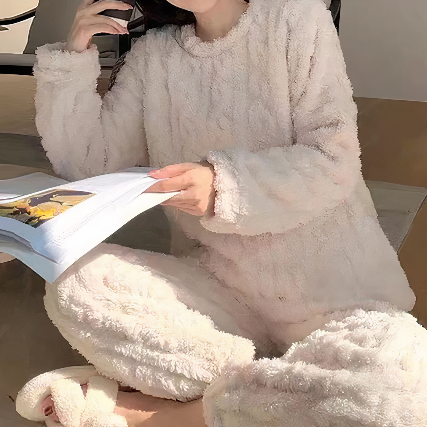 Dame Pyjamas Sett - Fluffy Fleece - Langermet Genser og Bukse - Myk og Varm